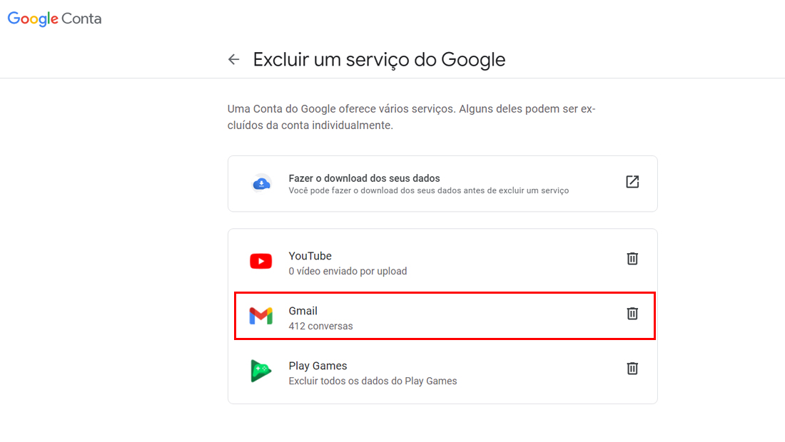 Clique no ícone da lixeira