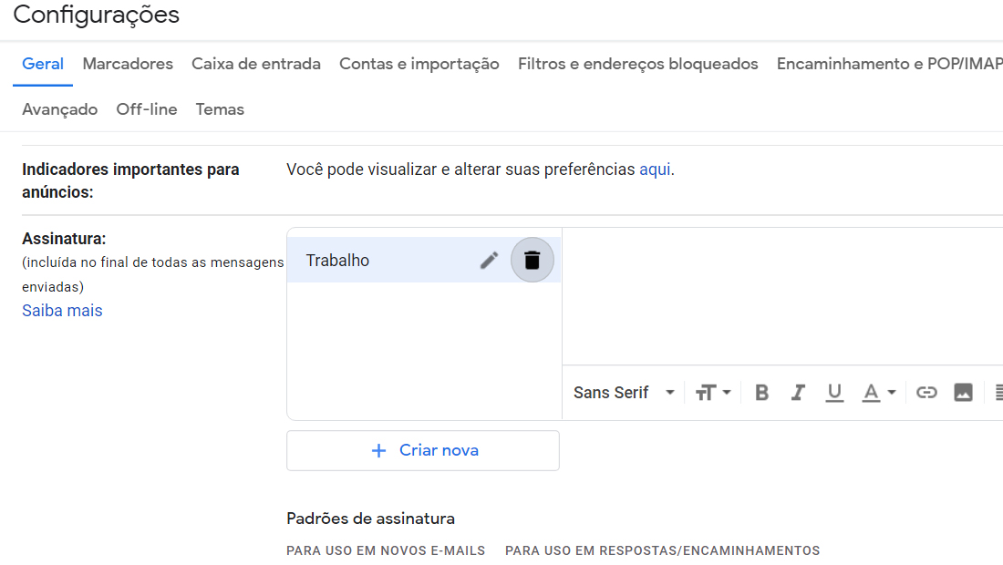Clique no ícone para apagar a assinatura