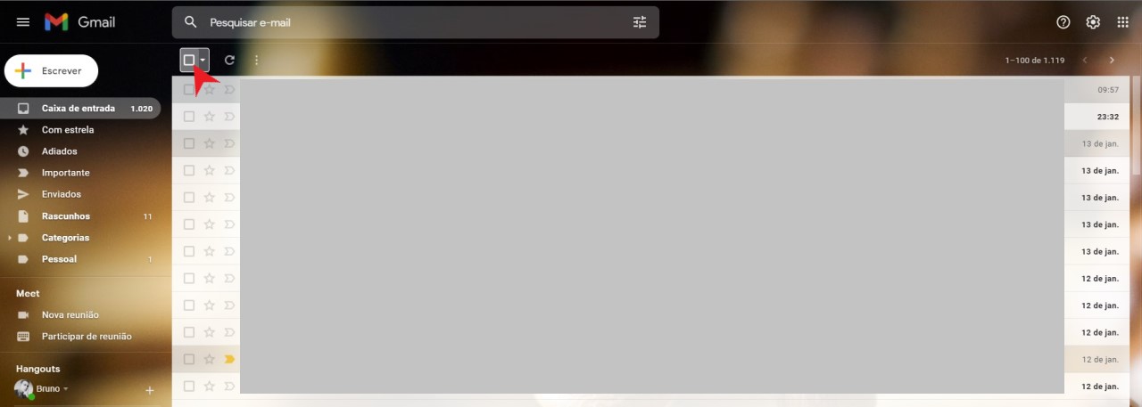 Clique sobre o quadrado na parte superior para apagar muitos emails de uma só vez no gmail