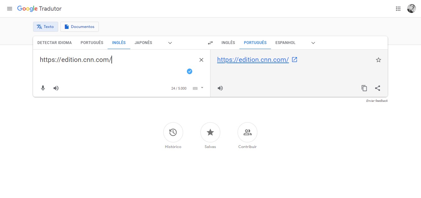 Cole o endereço do site no Google Tradutor