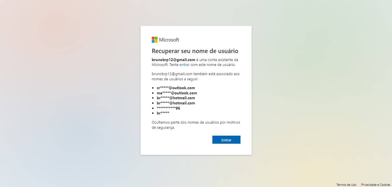 Copie o endereço de email e clique sobre o botão Entrar