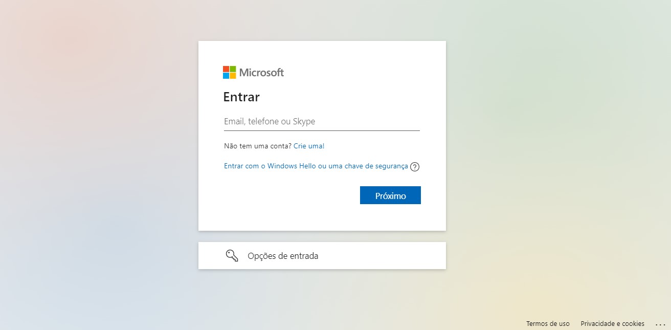 Deixe o campo de email vazio e clique sobre opções de entrada