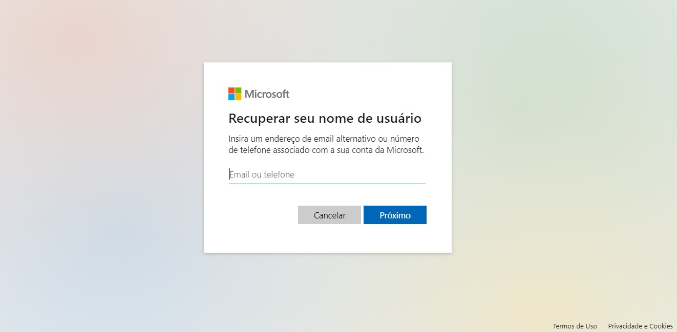 Digite o endereço de email ou número de celular cadastrado