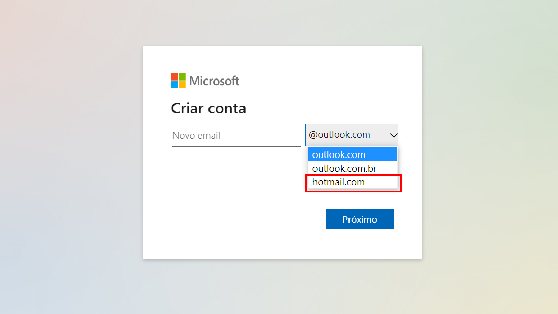 Tela inicial mostrando como criat conta hotmail no PC, escolha entre Hotmail ou Outlook