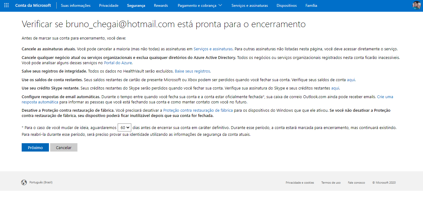 Leia as informações, selecione o dia e clique em Próximo