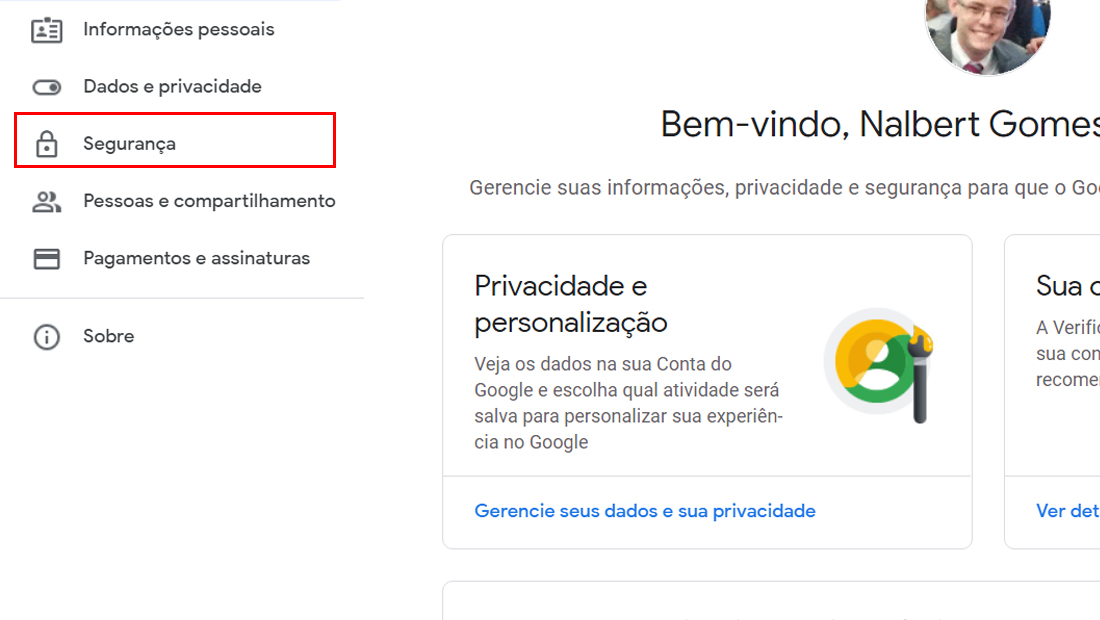 Procure a aba segurança no painel a esquerda