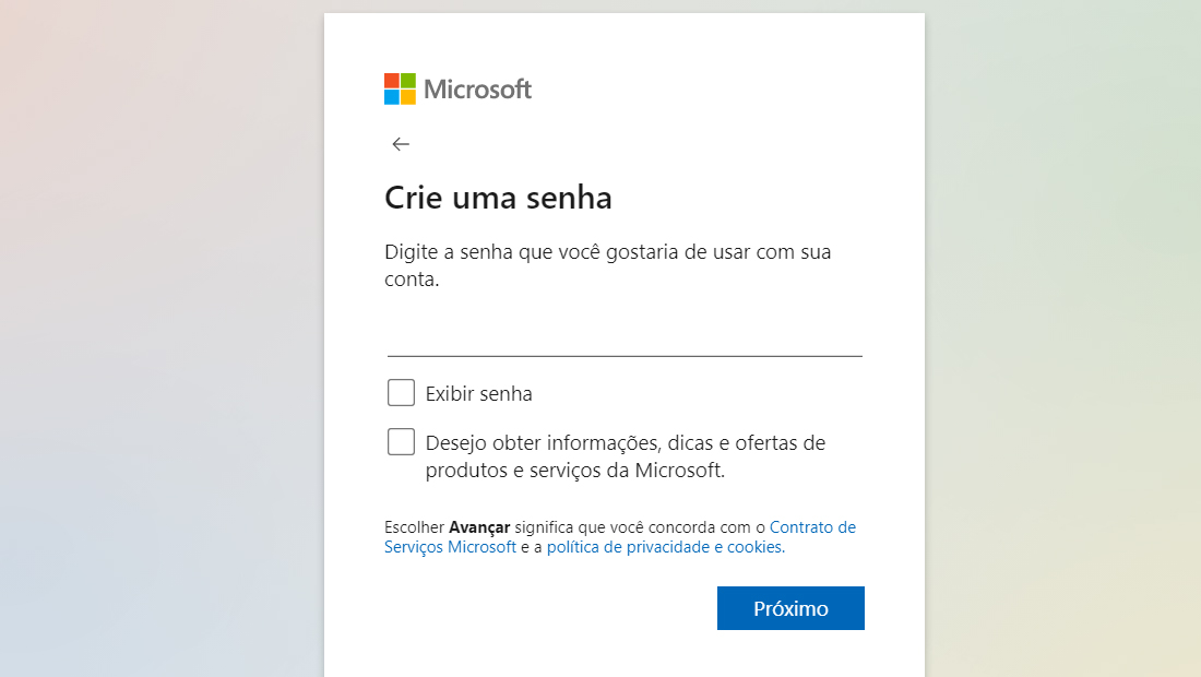 Como criar conta no Hotmail, tela onde é mostrada a criação da senha