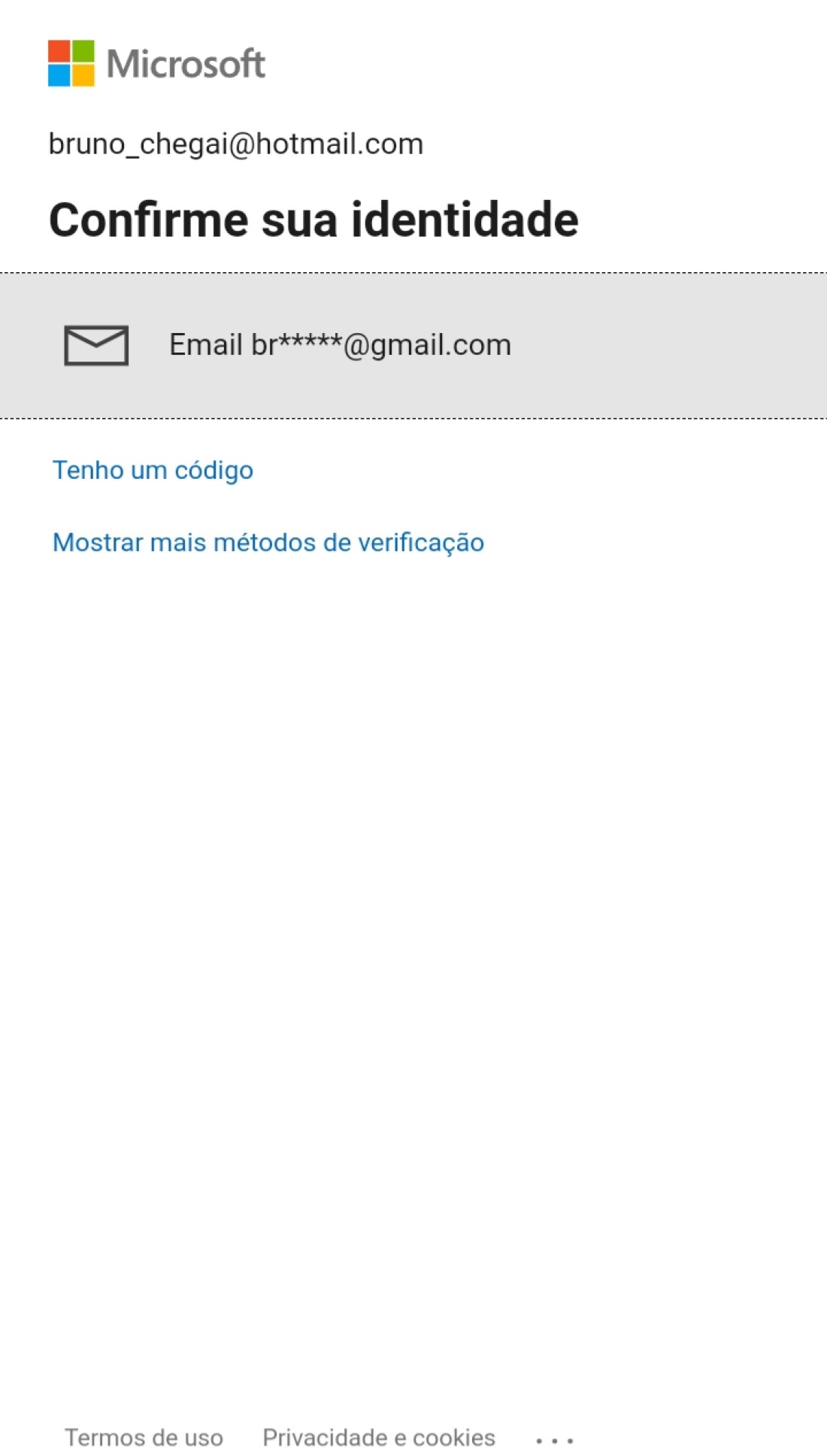 Selecione o seu email alternativo para enviar um código no mesmo de confirmação de identidade