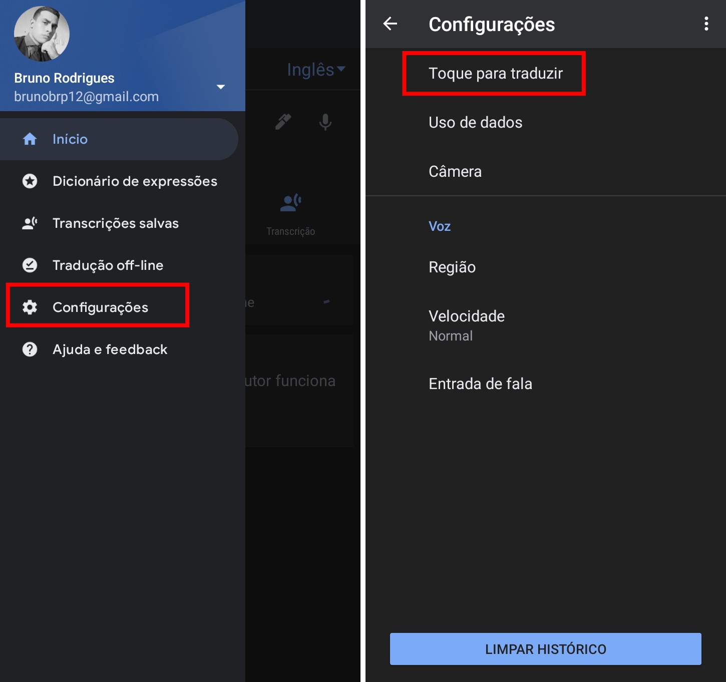 Toque em Configurações, em seguida em Toque para Traduzir