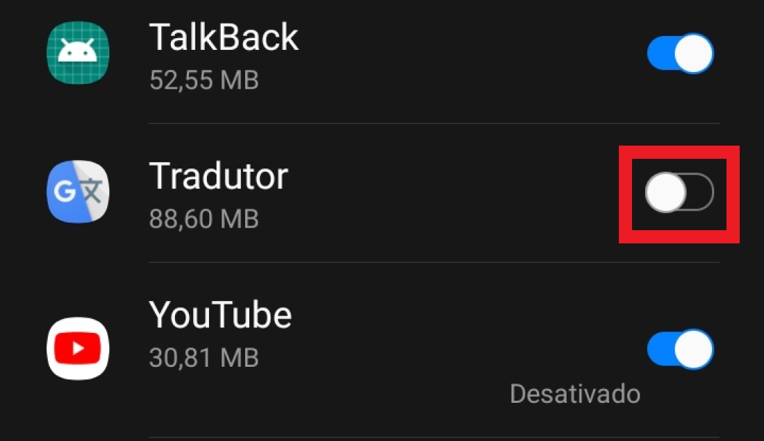 Toque sobre o interruptor ao lado do aplicativo do Google Tradutor
