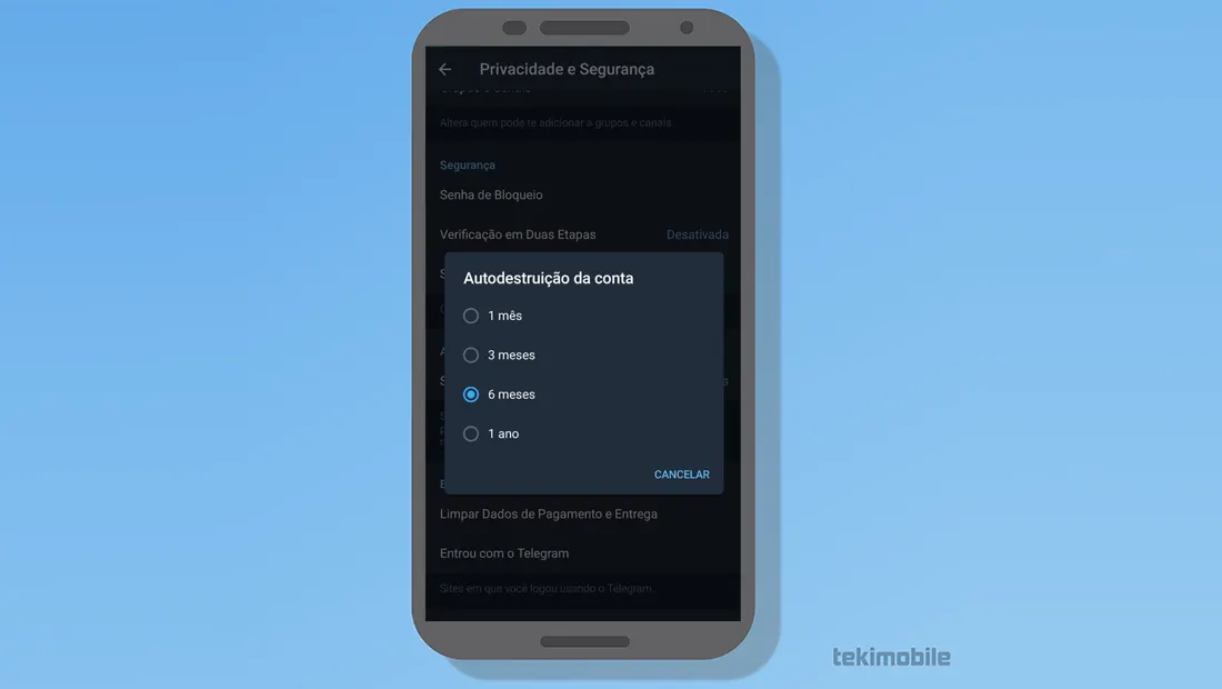 Aprenda como excluir conta do Telegram e selecione um período