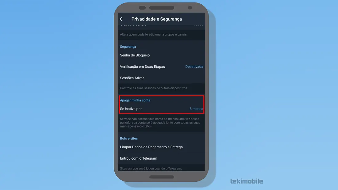 Aprenda como excluir conta do Telegram tocando na opção
