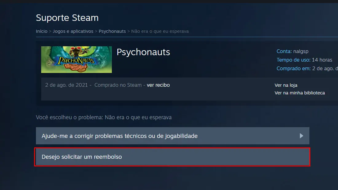 Clique em solicitar reembolso