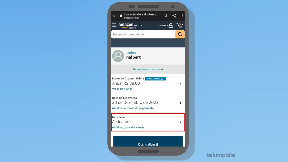 Escolha a opção de Gerenciar assinatura e aprenda como cancelar Prime