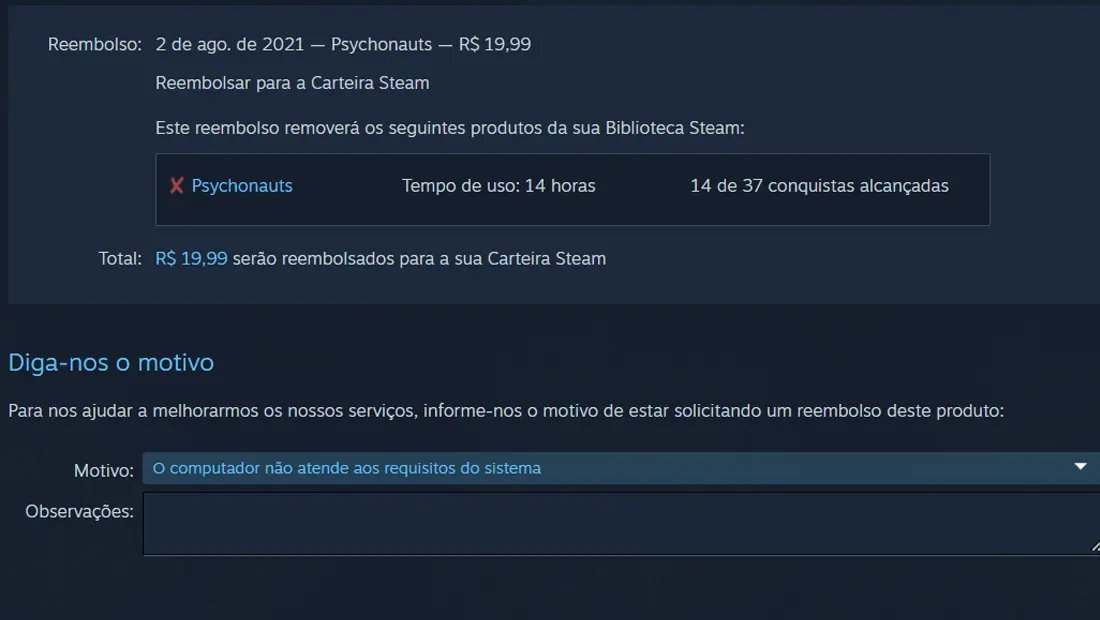 Informe o motivo em observações