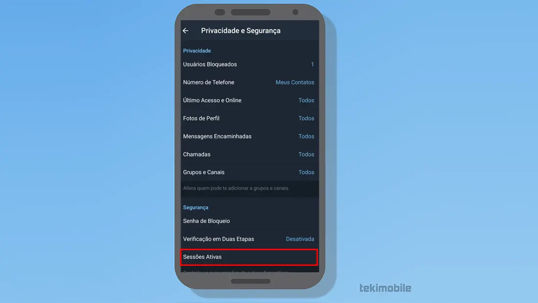 Para aprender como sair do Telegram Web vá em Sessões ativas