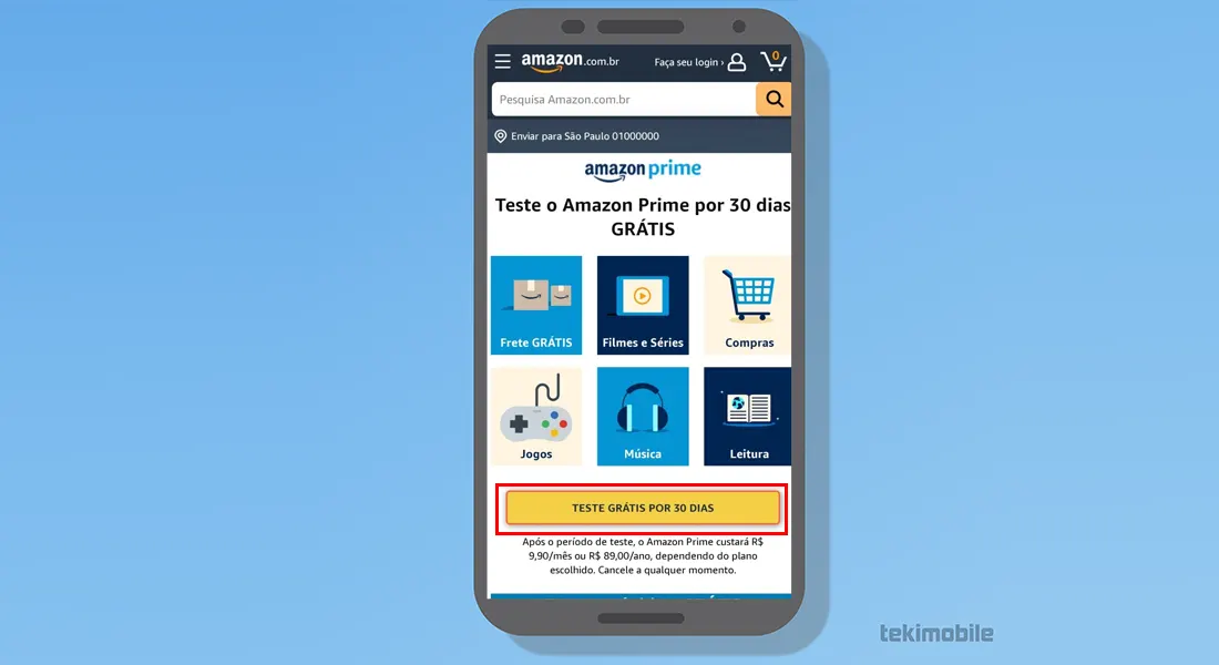 Toque no botão de Teste grátis por 30 dias para aprender como assinar Prime Video