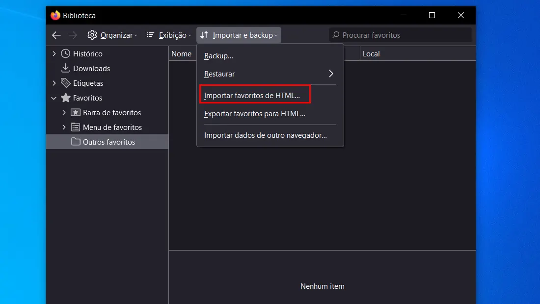 A primeira opção realiza a importação via HTML