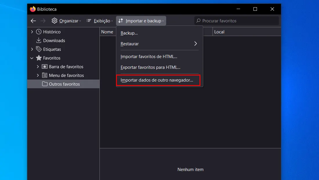A segunda opção realiza a importação por outro navegador