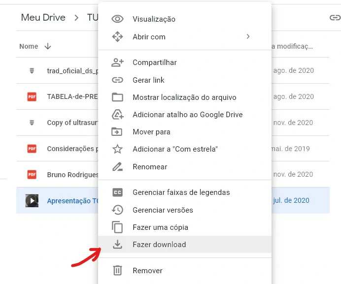 Ao clicar com o botão direito sobre o arquivo de vídeo você visualizará um menu suspenso, clique na opção de Fazer download para baixar o arquivo em seu computador - Como baixar vídeo do Google Drive