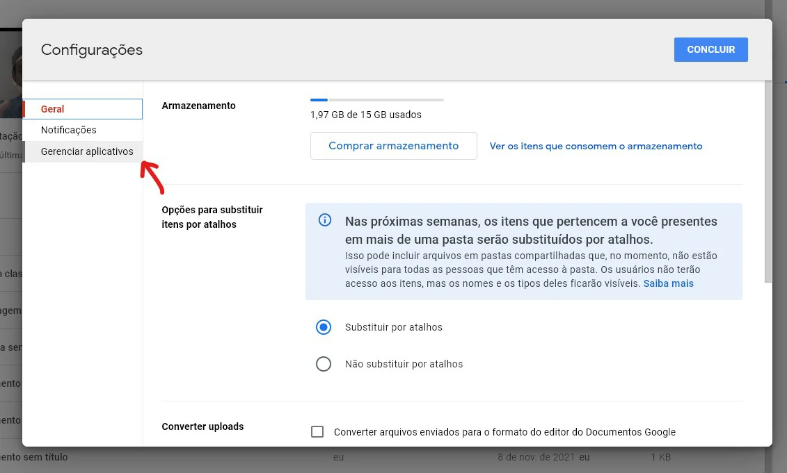 Acesse a aba de Gerenciar aplicativos no canto a esquerda de configurações - Como acessar backup do Whatsapp no Google Drive