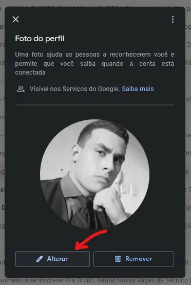 Agora, clique em Alterar para escolher uma nova foto de perfil - Como mudar a foto de perfil do Google