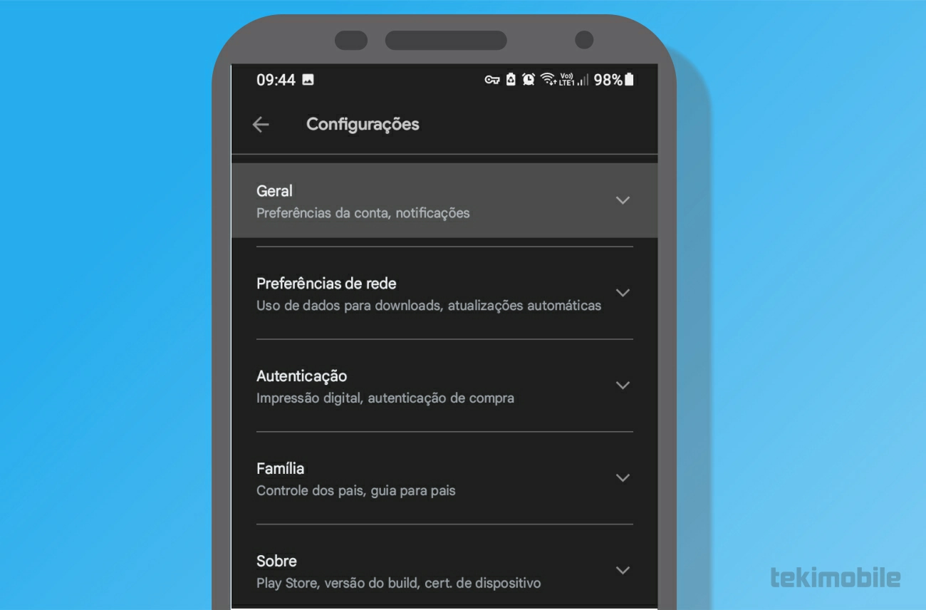 Agora toque em Geral - Como apagar histórico do Google Play Store