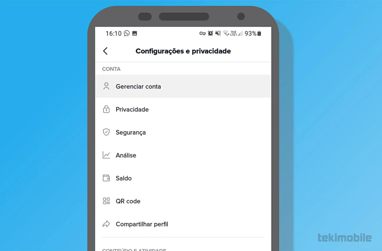 Agora toque sobre Gerenciar conta - Como excluir conta do TikTok