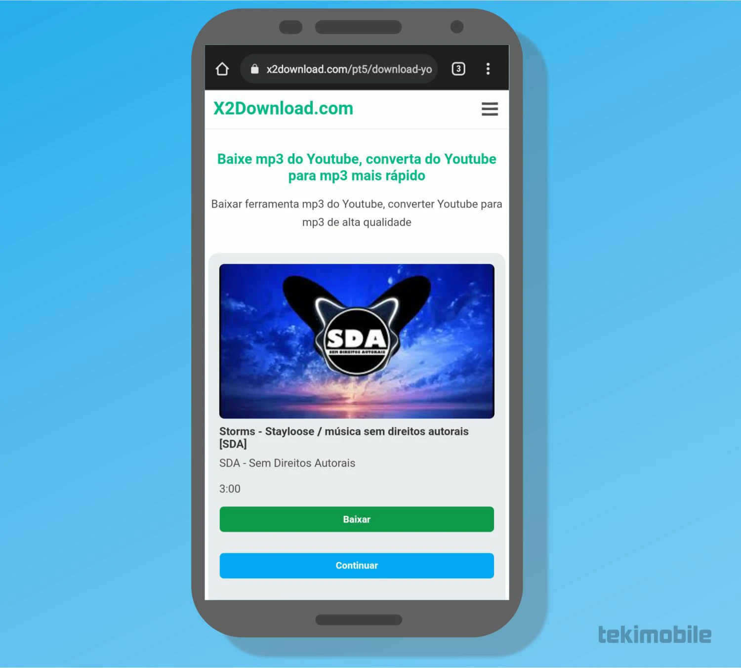 Após gerar o link do arquivo de áudio, clique sobre o botão verde Baixar para realizar o download da música em seu dispositivo celular - Como baixar música do YouTube