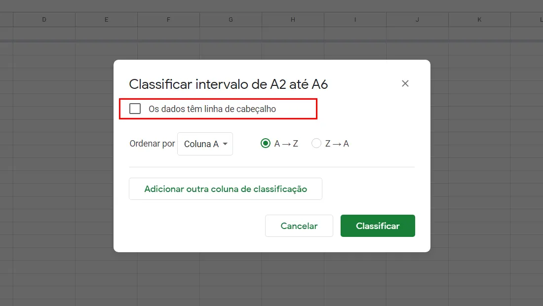 Ative a opção caso os dados tenham títulos