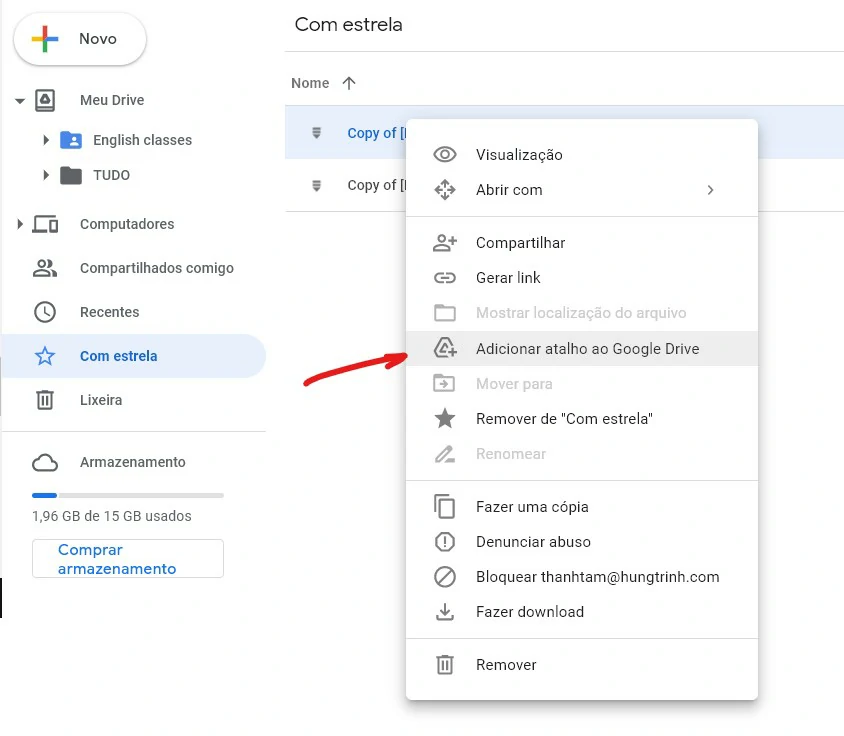 Clique em Adicionar atalho ao Google Drive - Como compartilhar arquivos no Google Drive