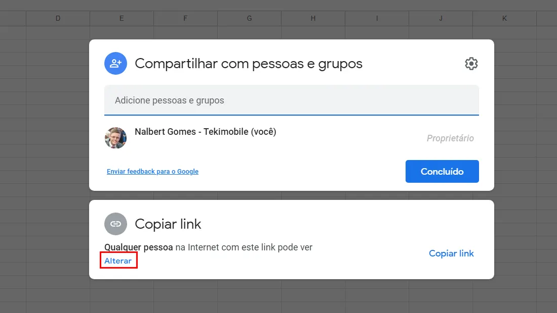 Clique em Alterar para copiar o link de compartilhamento