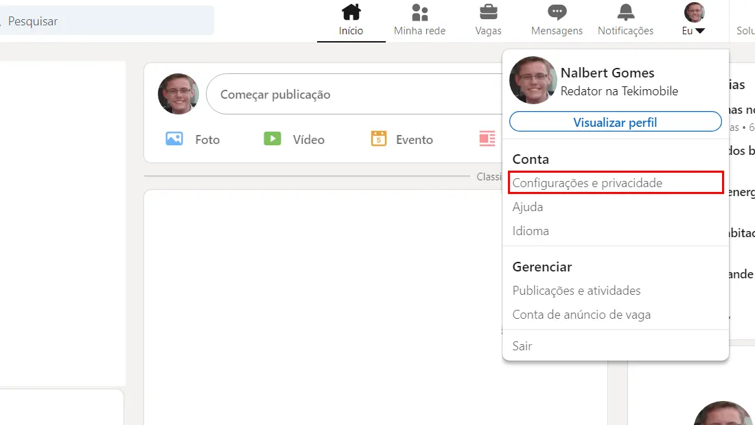 Clique em Configurações e Privacidade na janela flutuante