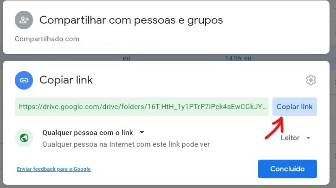 Clique em Copiar link para compartilhar com outras pessoas em suas redes sociais - Como compartilhar arquivos no Google Drive