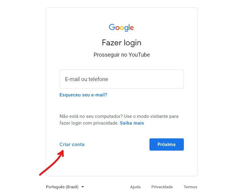 Clique em Criar conta - Como criar um canal no YouTube