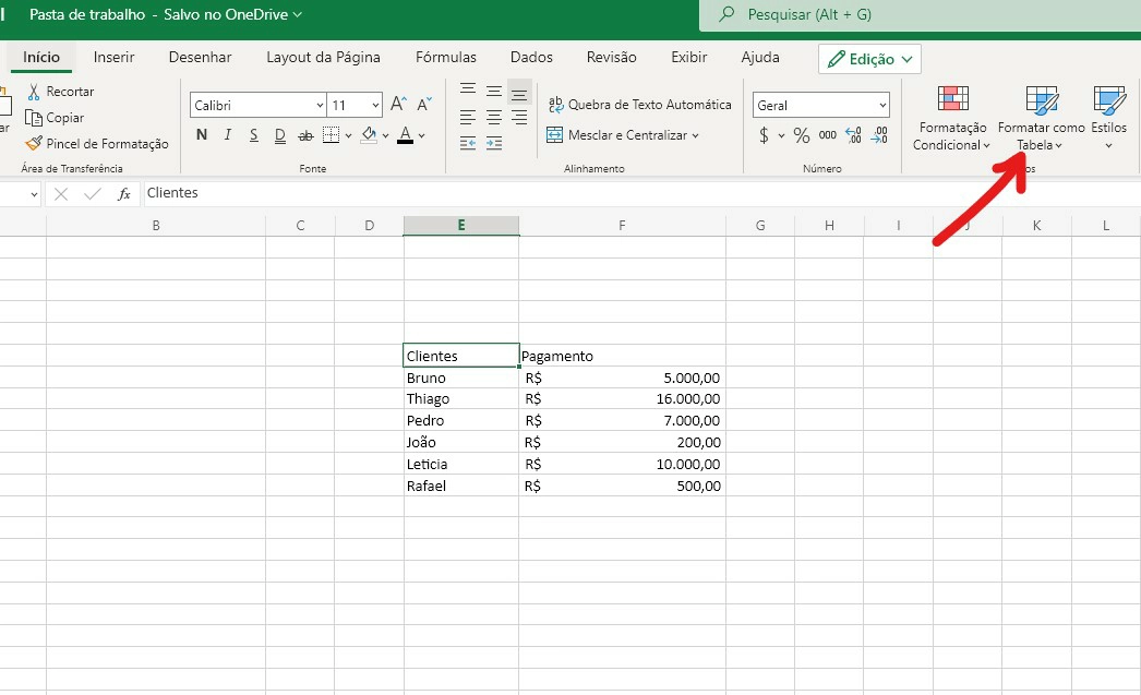Clique em Formatar como Tabela - Como fazer tabela no excel