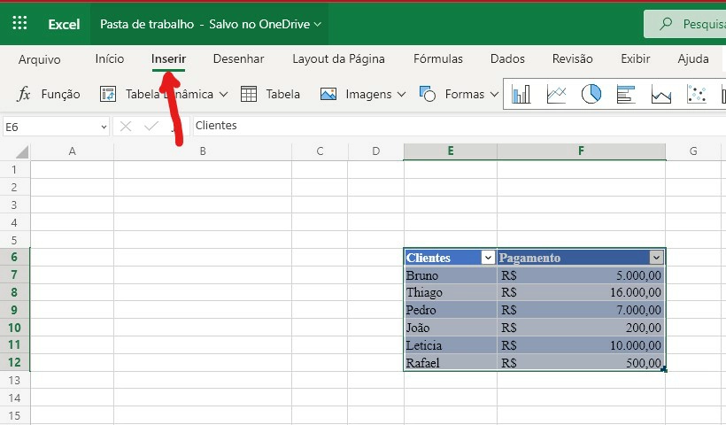 Clique em Inserir - Como fazer tabela no excel