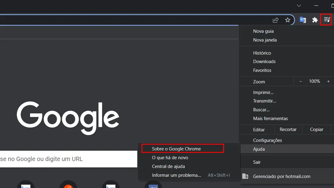 Clique em Sobre o Google Chrome