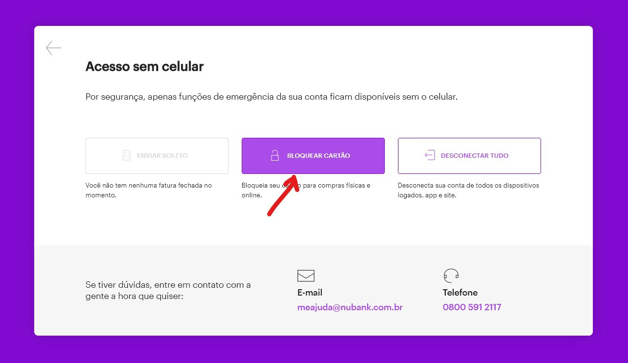 Clique em bloquear cartão - Como bloquear o cartão Nubank em caso de roubo ou perda