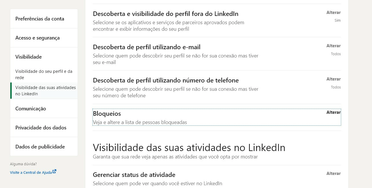 Clique na opção de Bloqueios - Como bloquear alguém no LinkedIn Clique na opção de Bloqueios - Como bloquear alguém no LinkedIn