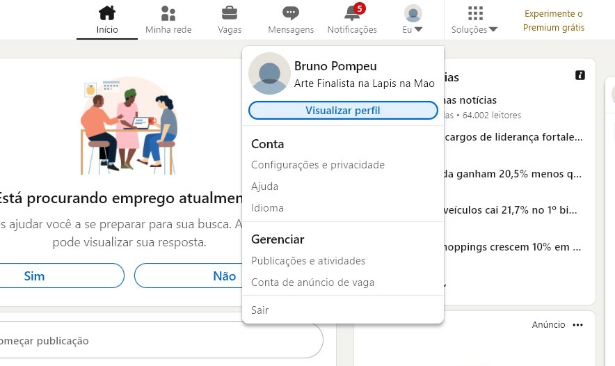 Clique na sua foto de perfil e acesse Visualizar perfil - Como colocar selo Open To Work no LinkedIn