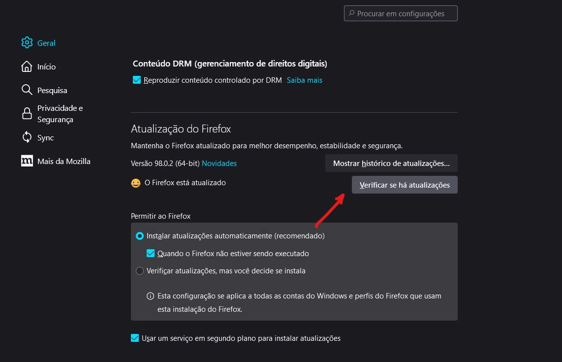 Clique no botão Verificar se há atualização - Como atualizar o Firefox