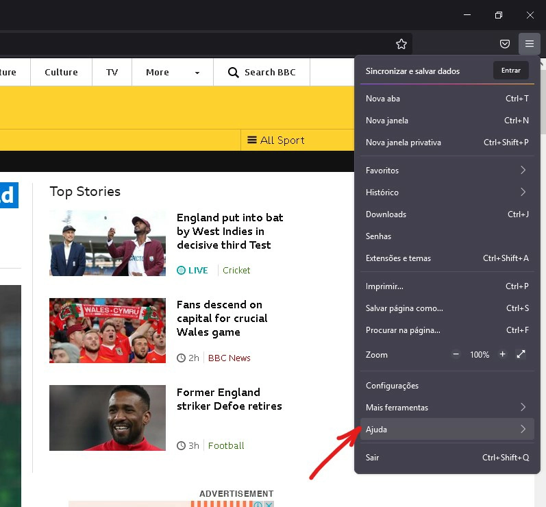 Clique no ícone de três barras horizontais e, em seguida, clique sobre Ajuda - Como atualizar o Firefox