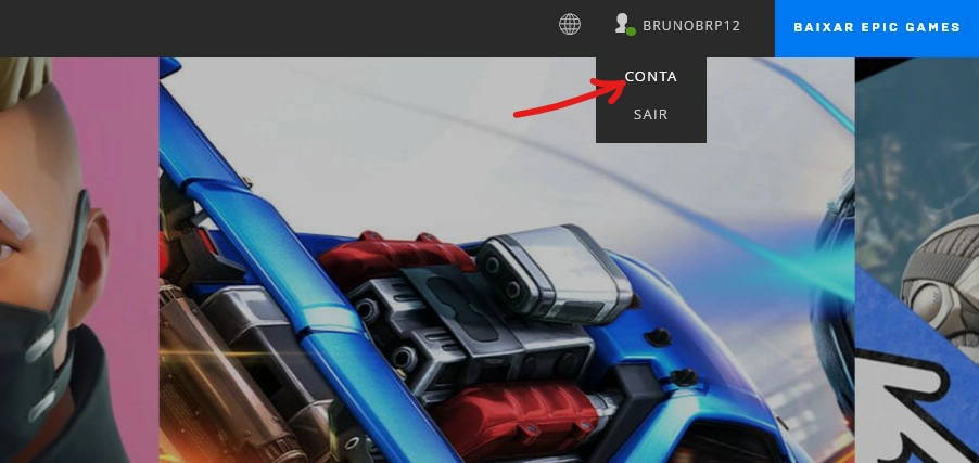 Clique sobre Conta - Como pedir reembolso na Epic Games