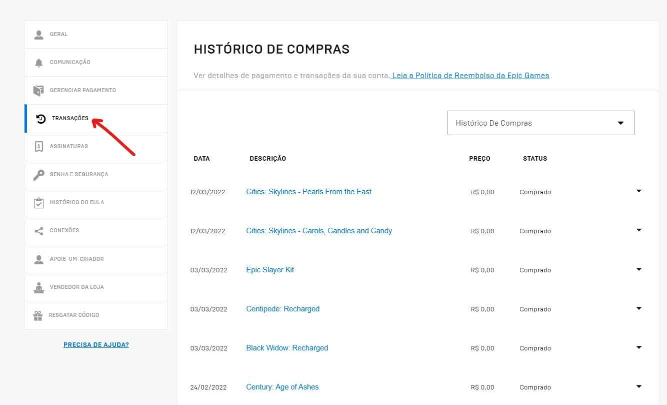 Clique sobre a aba de Transações - Como pedir reembolso na Epic Games