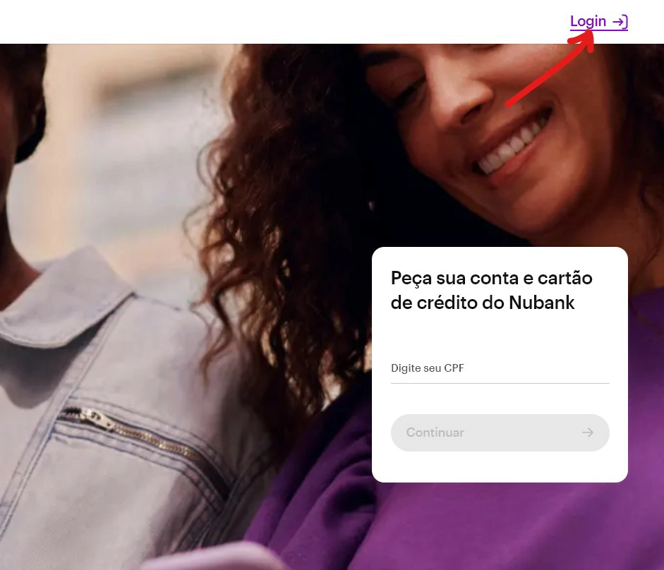 Clique sobre a opção Login - Como bloquear o cartão Nubank em caso de roubo ou perda
