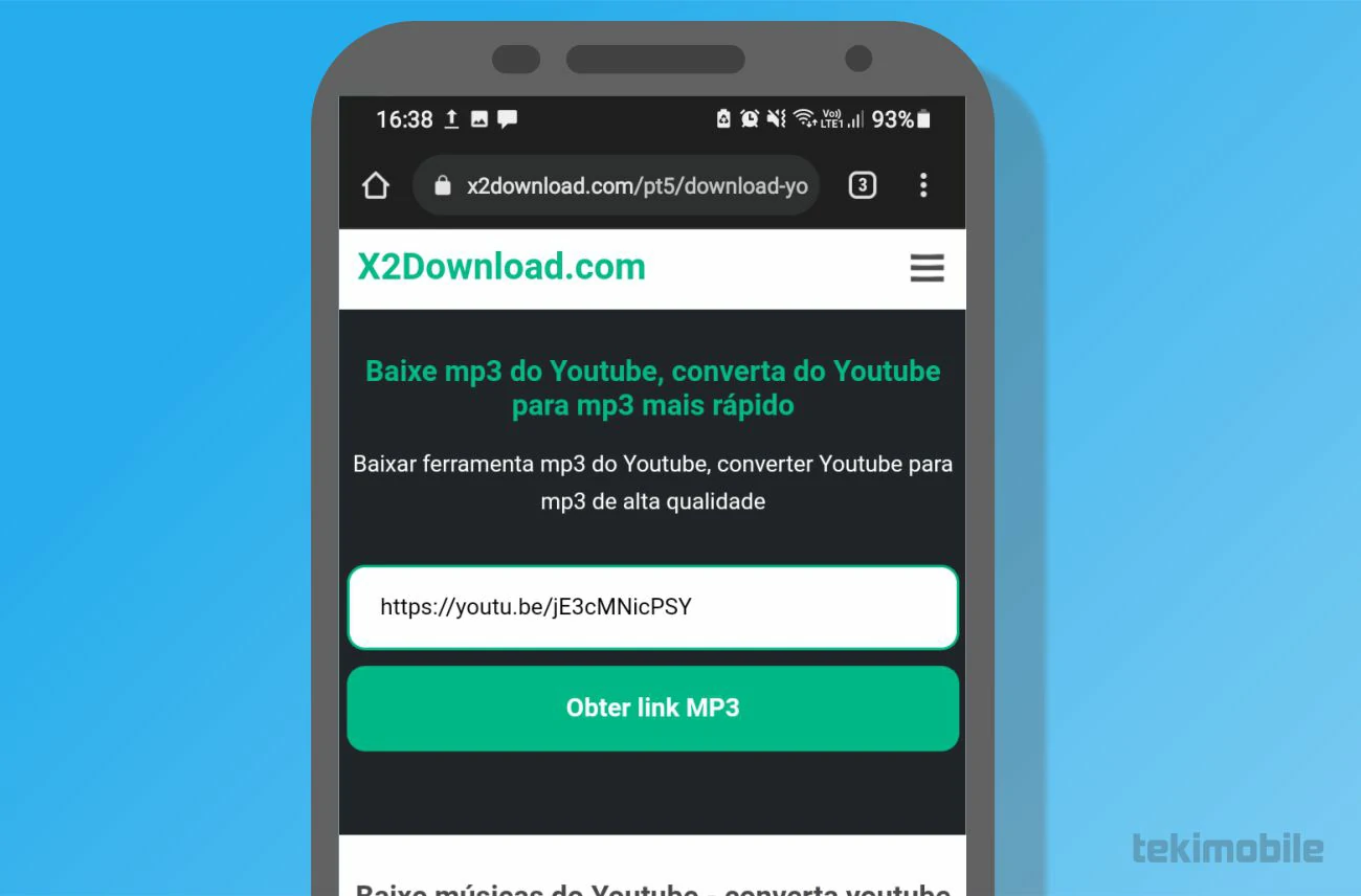 Cole o link do vídeo no local indicado e clique no botão Obter link MP3 para escolher as opções do arquivo de áudio - Como baixar música do YouTube