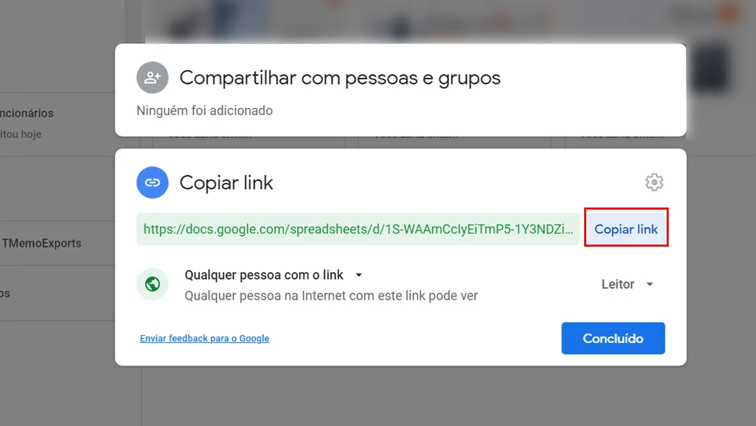Copie o link para compartilhamento da planilha