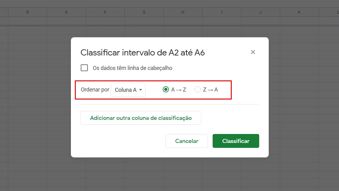 Defina a ordem e a coluna