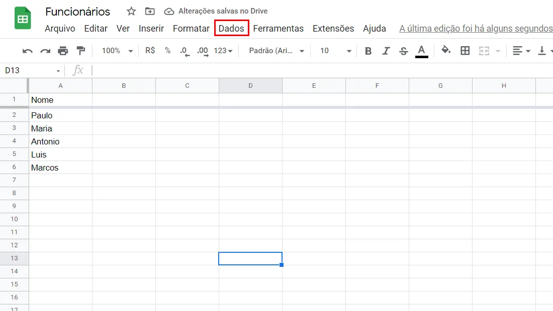 Depois clique na aba Dados